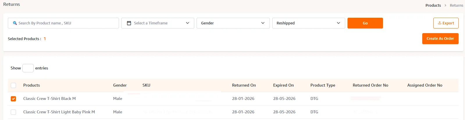 Returns tab showing a list of returned products with Create An Order button