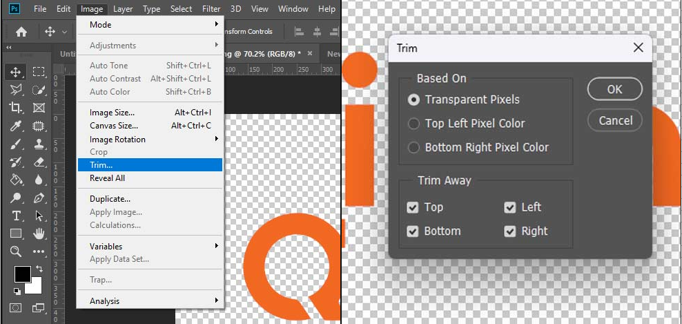 Photoshop Image > Trim dialog showing transparent pixel trimming options