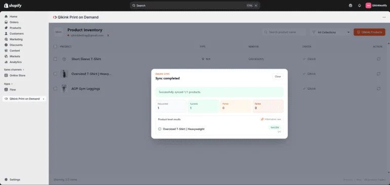 Sync completed dialog showing products synced to Qikink