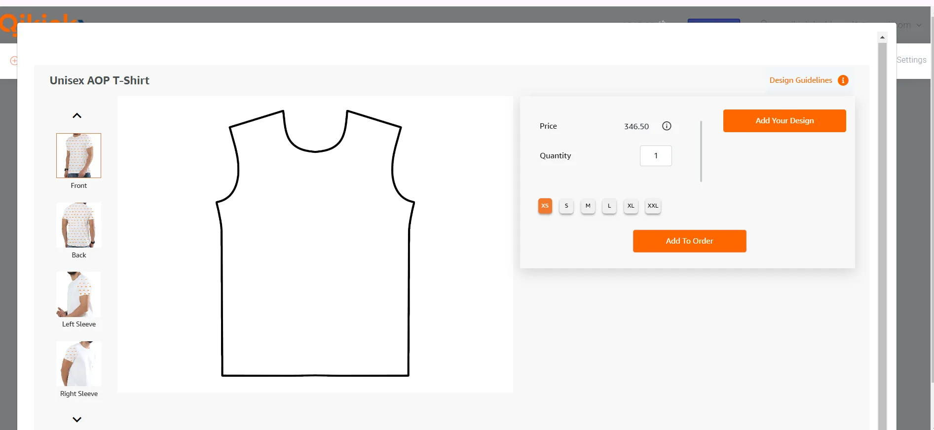 Qikink AOP T-Shirt order page showing separate design upload panels for front