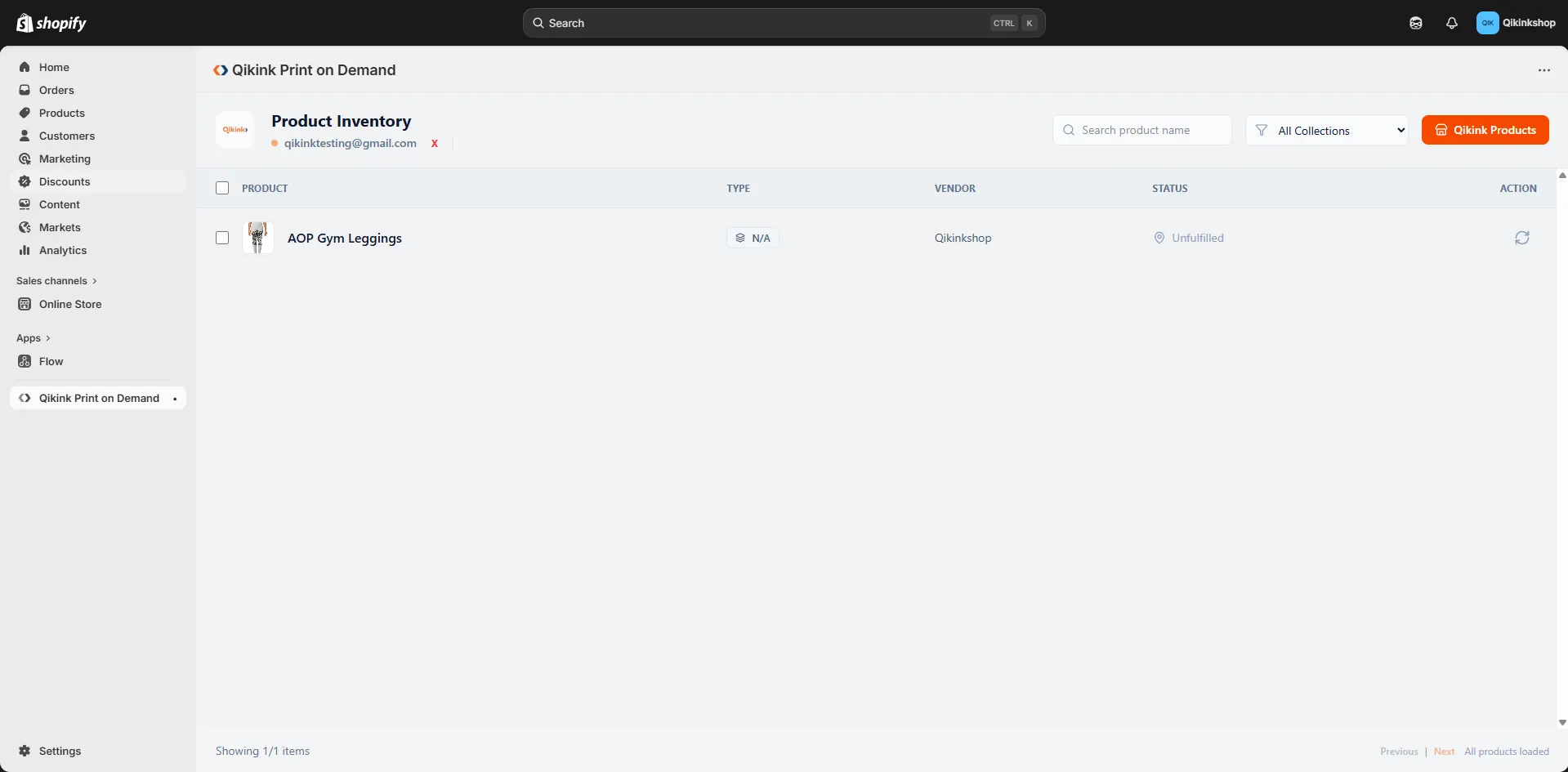 Shopify dashboard showing Qikink Print on Demand app with Product Inventory