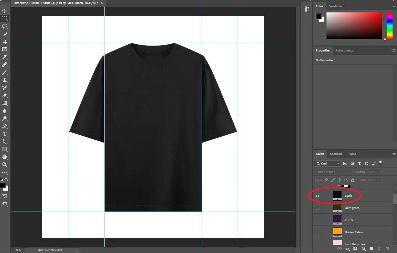 Photoshop PSD file opened showing apparel layers panel with color swatches