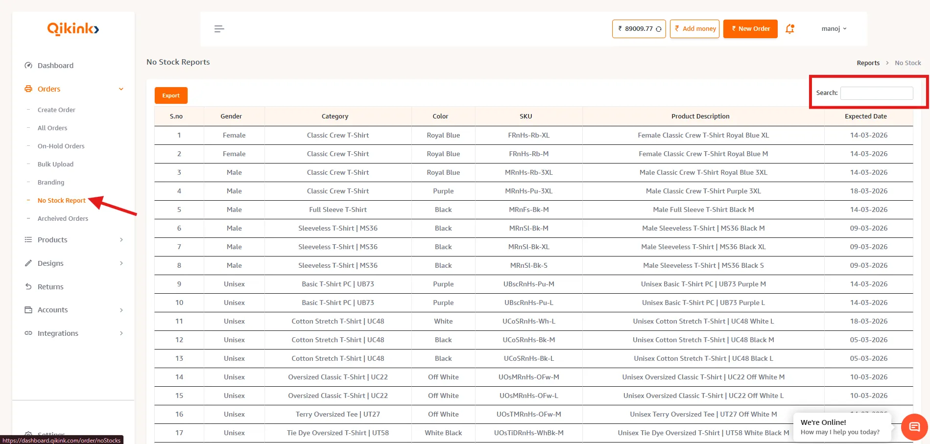 Qikink dashboard showing the No Stock Reports page with product list and expected restock dates