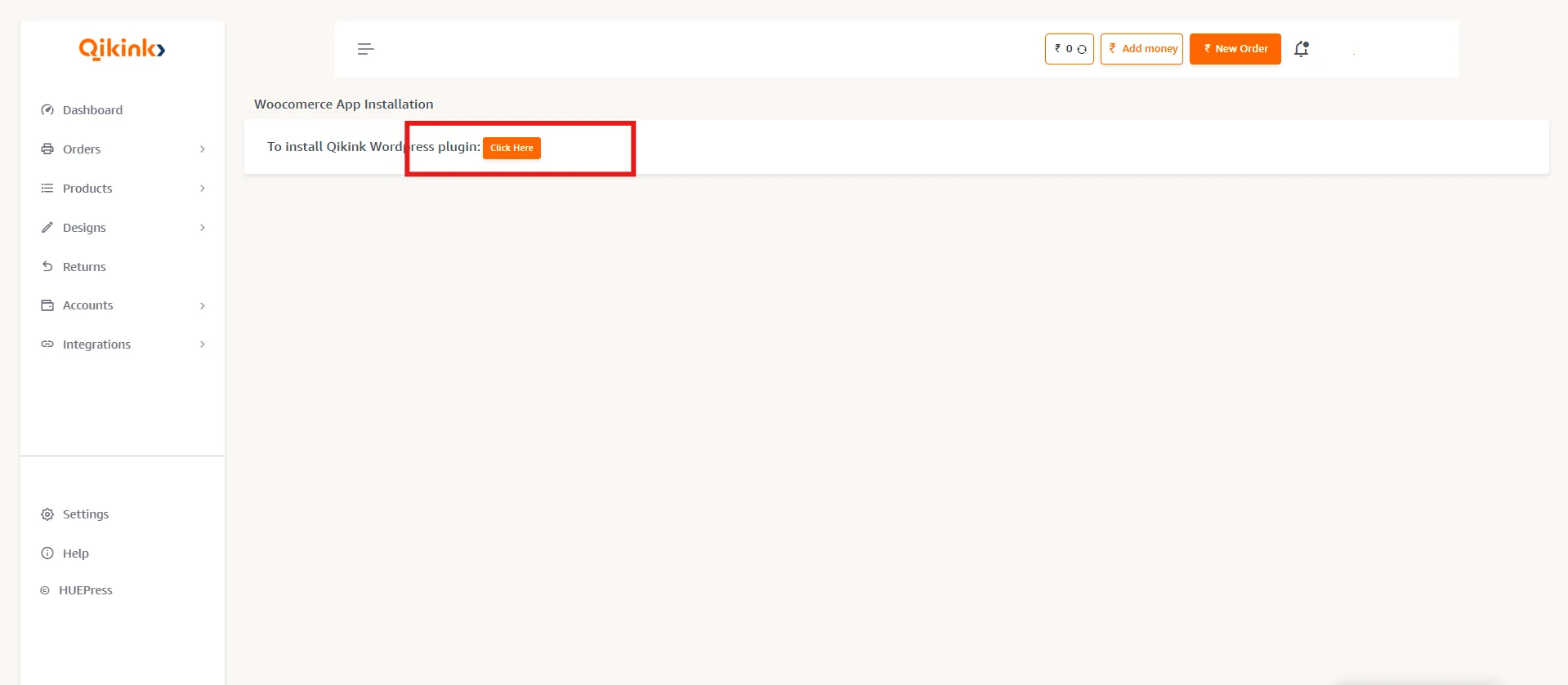 Qikink dashboard showing Integrations > WooCommerce section with Click here option