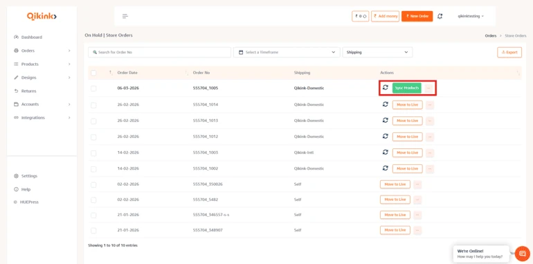 Store/On-Hold Orders page with Sync Products button highlighted
