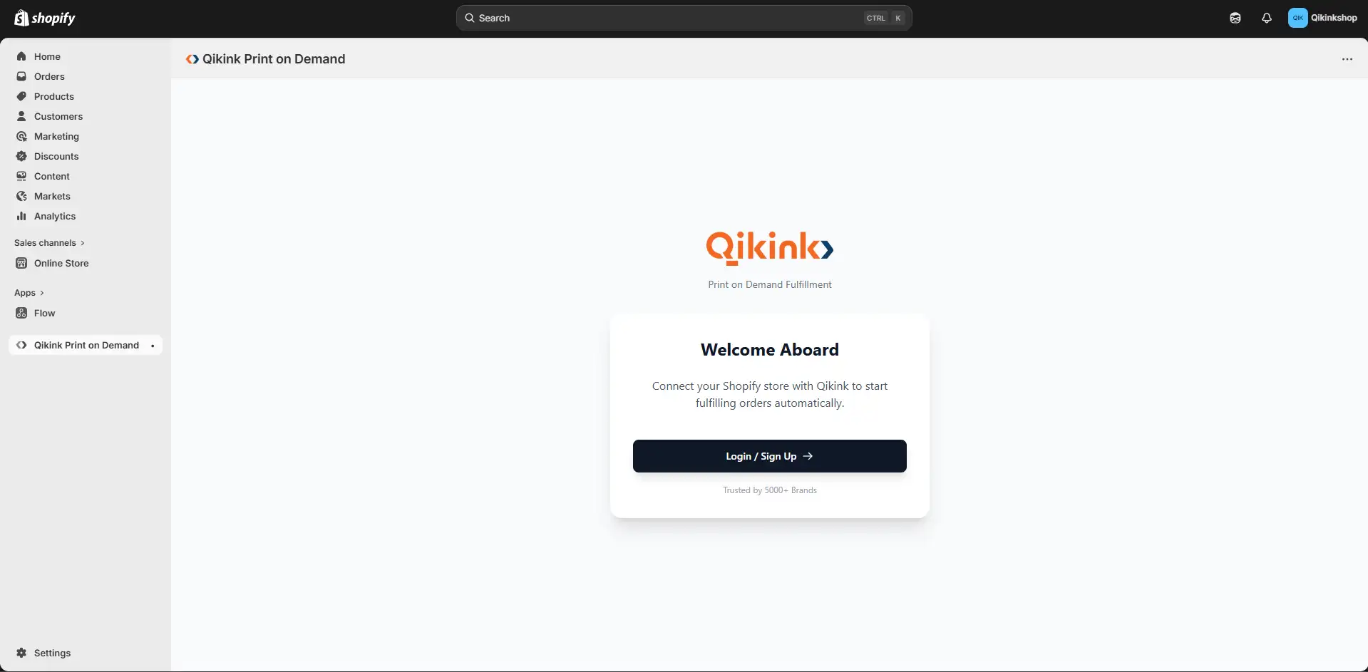 Shopify app showing Qikink username and OTP entry screen