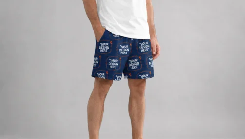 male model wearing sports shorts with your design here qikink