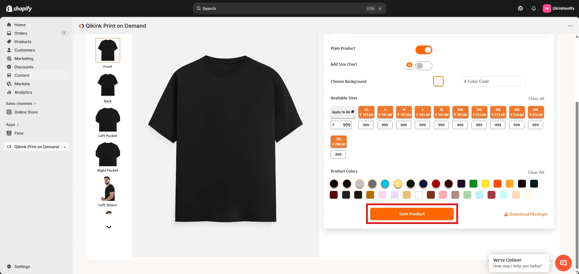 Product creation page showing size and color variants with pricing fields