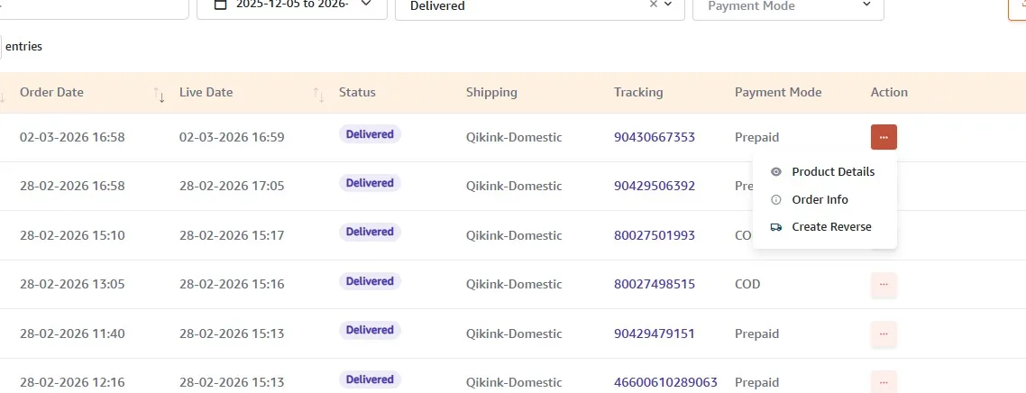 All Orders screen showing the three-dot Action menu with Create Reverse option