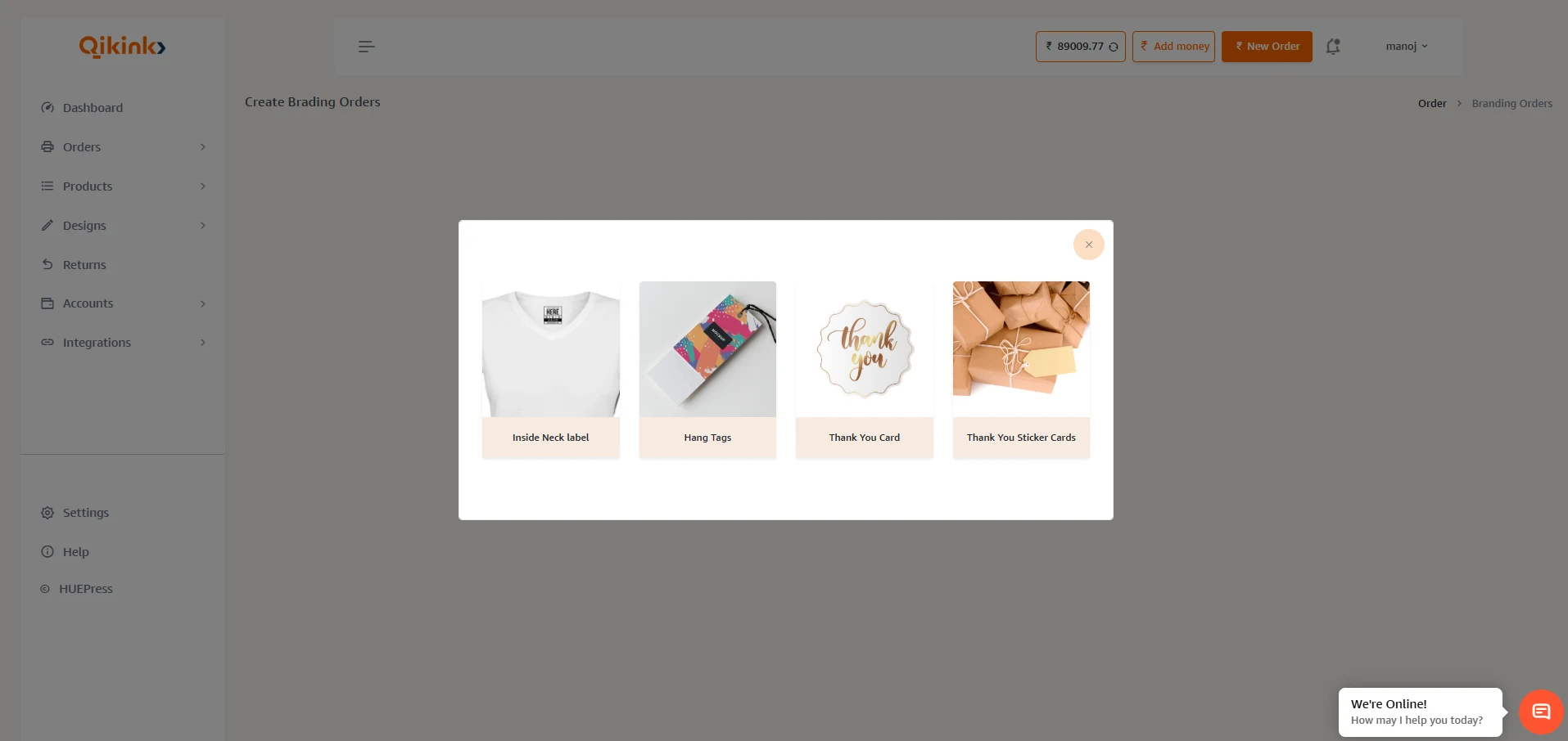 Pop-up showing accessory options: Inside Neck Label, Hang Tags, Thank You Card, Thank You Sticker Cards