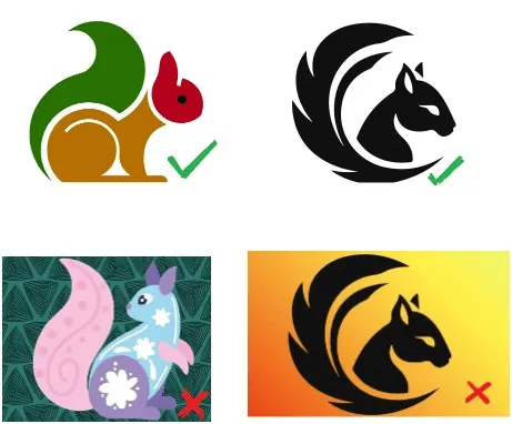 Good embroidery design examples (squirrel and horse logo with checkmarks) vs bad examples (overly detailed colorful designs with X marks)