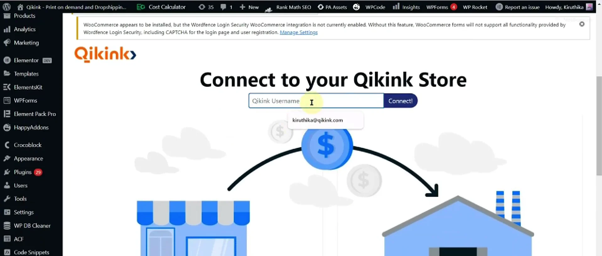 Connect to your Qikink Store screen showing username input field