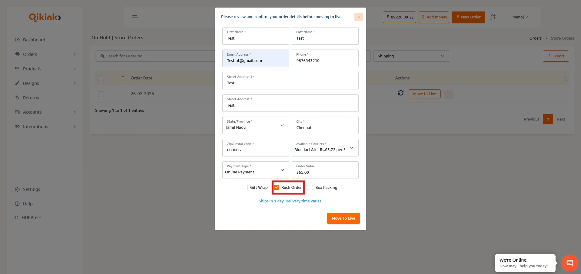 Qikink Store/On-Hold Orders screen showing Rush Order checkbox and Move to Live button