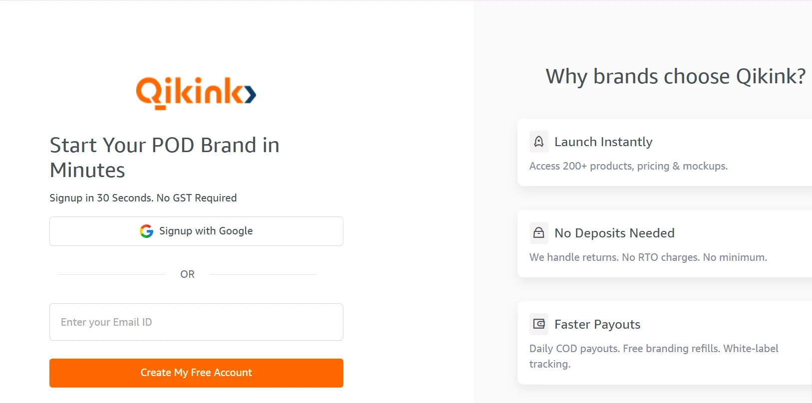 Qikink signup page