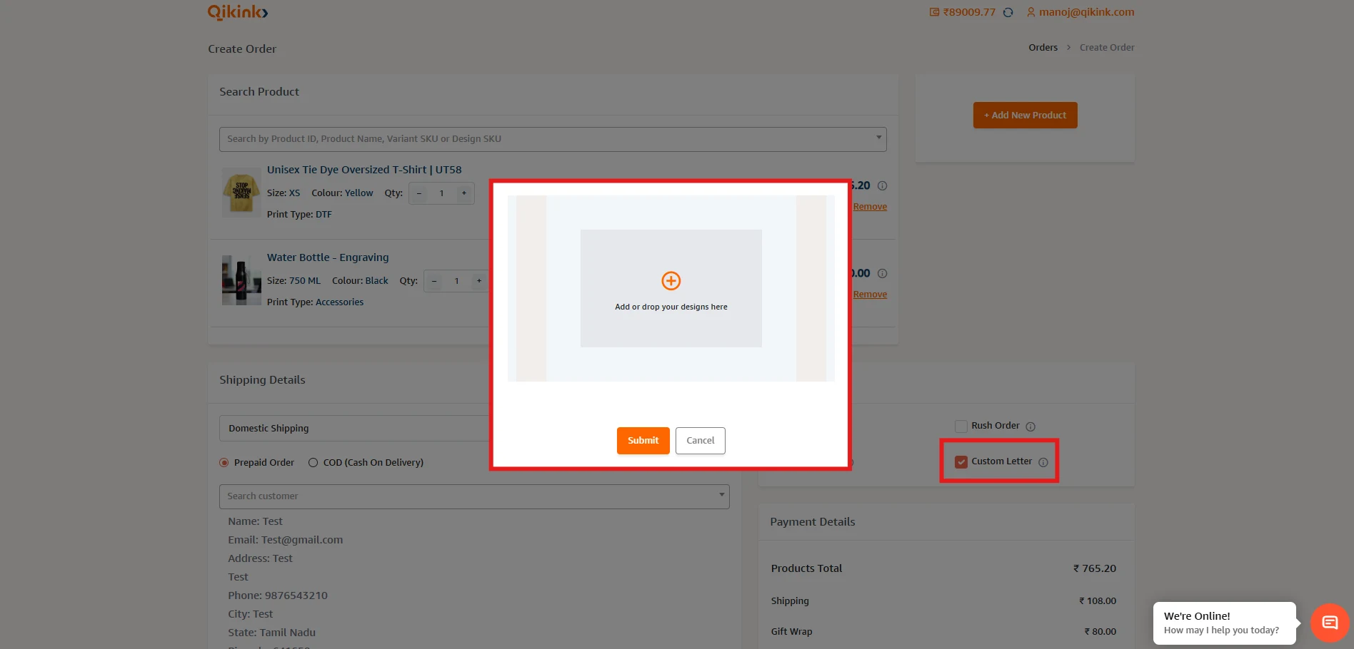 Qikink order creation page showing the custom letter checkbox and design upload popup