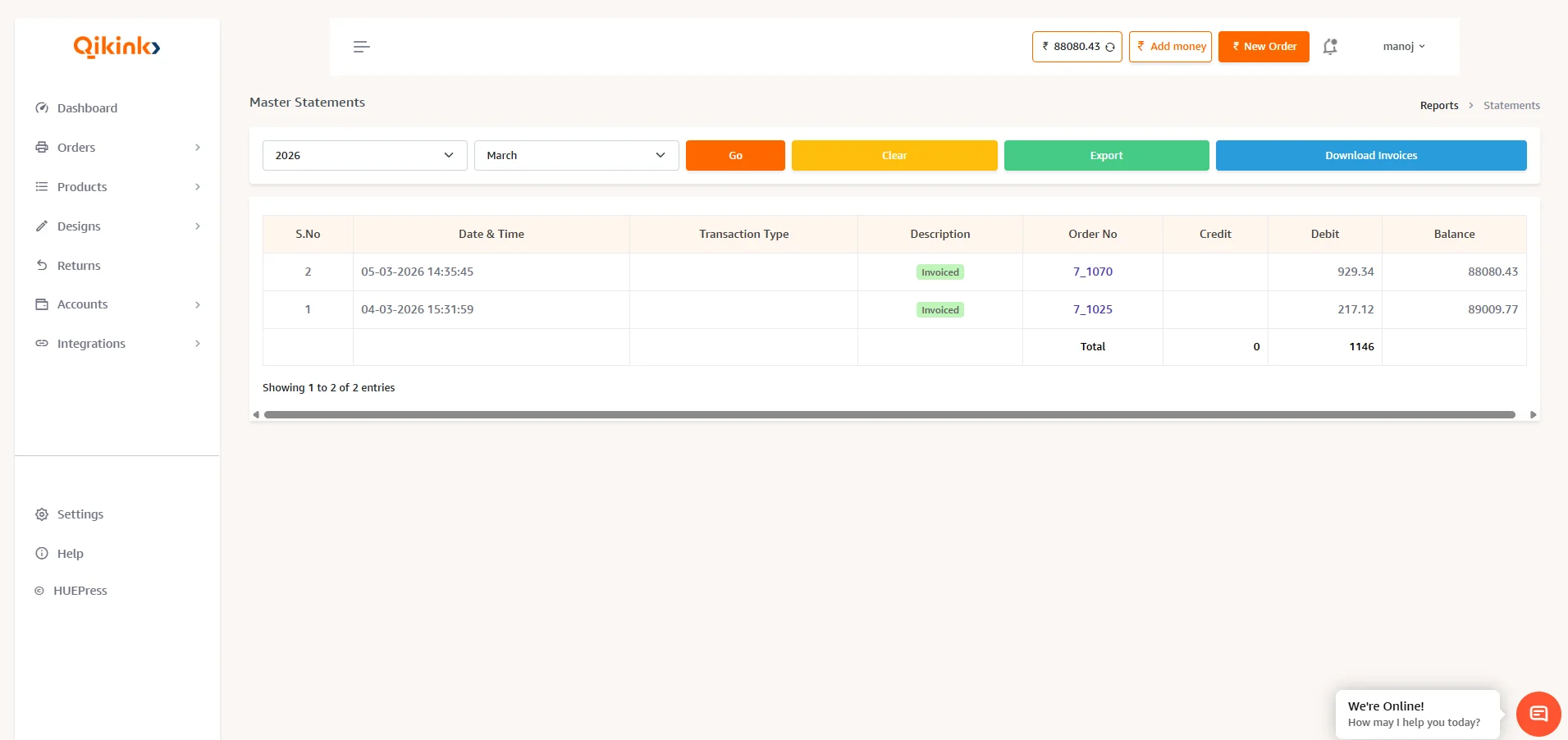 Master Statements page showing transaction history with date, type, description, order no, credit, debit and balance columns