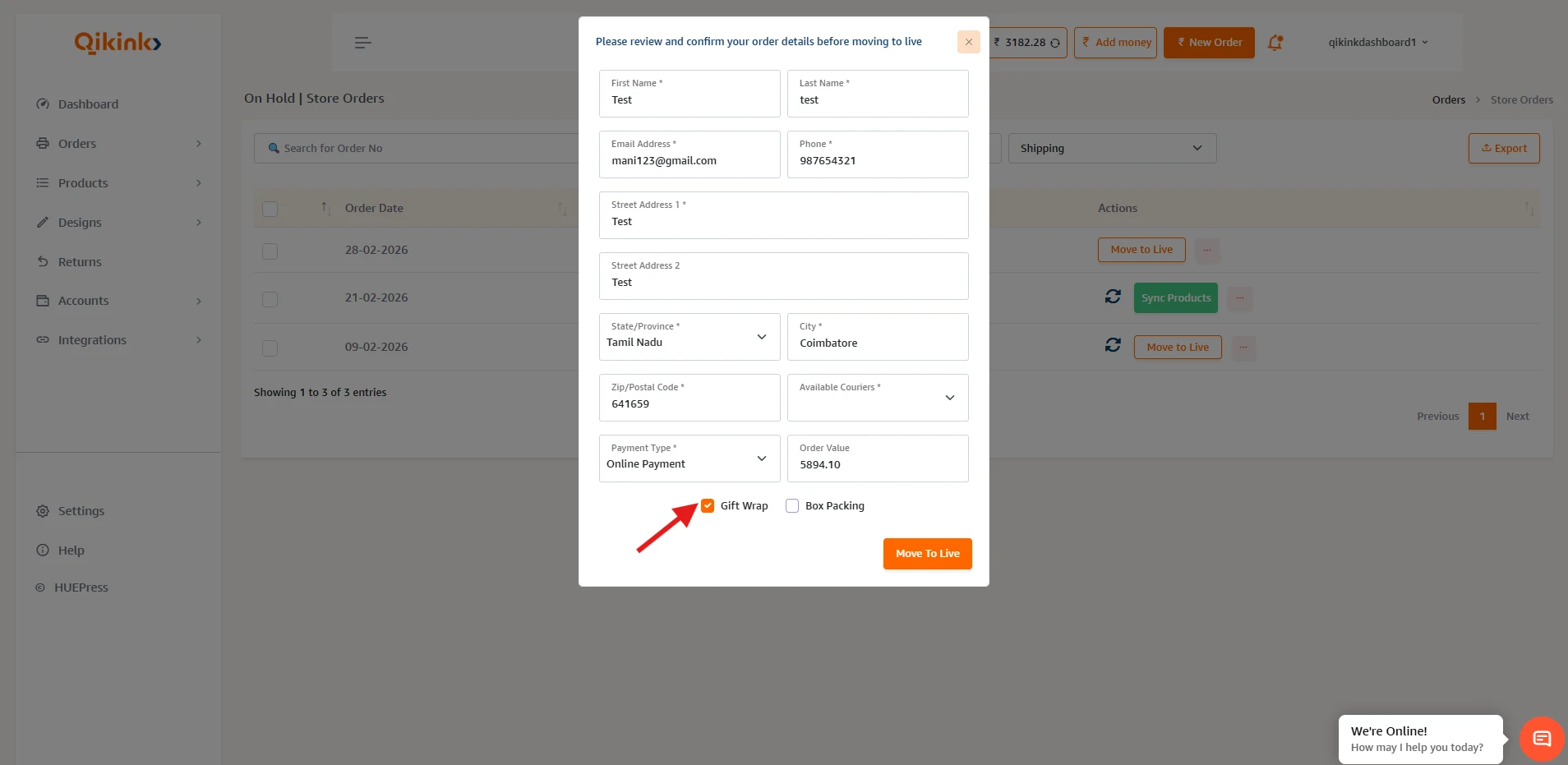 Move to Live dialog with Gift Wrap checkbox selected