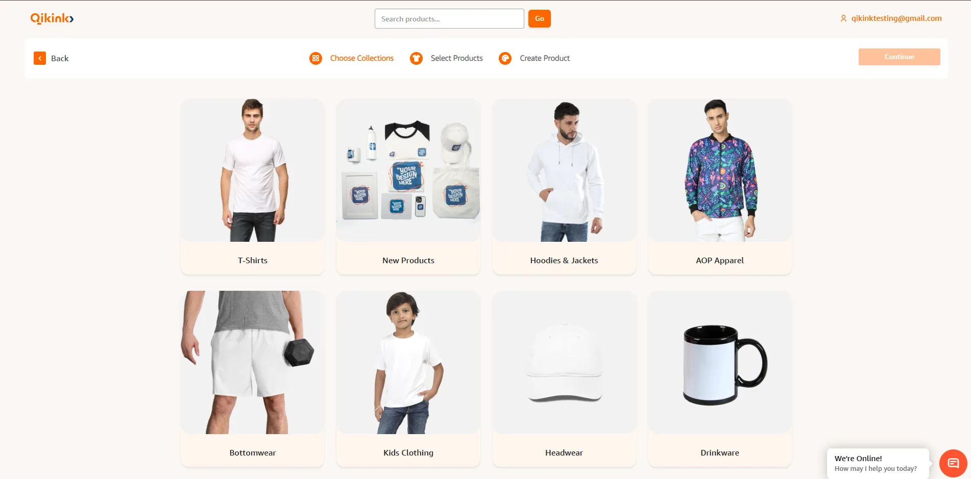 Qikink dashboard showing product category selection screen