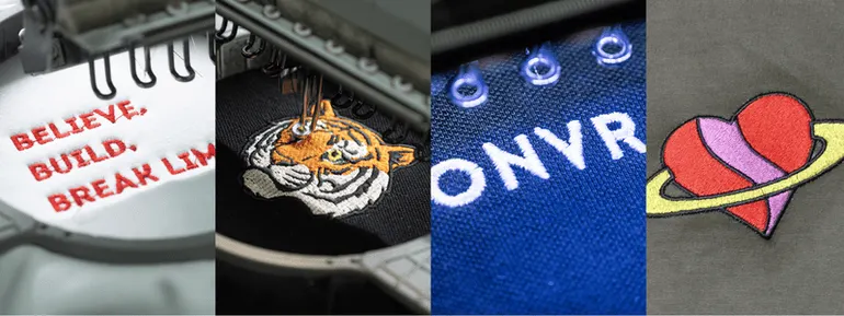 Sample embroidery outputs — Believe Build Break Limits text, tiger, ONVR logo, planet heart