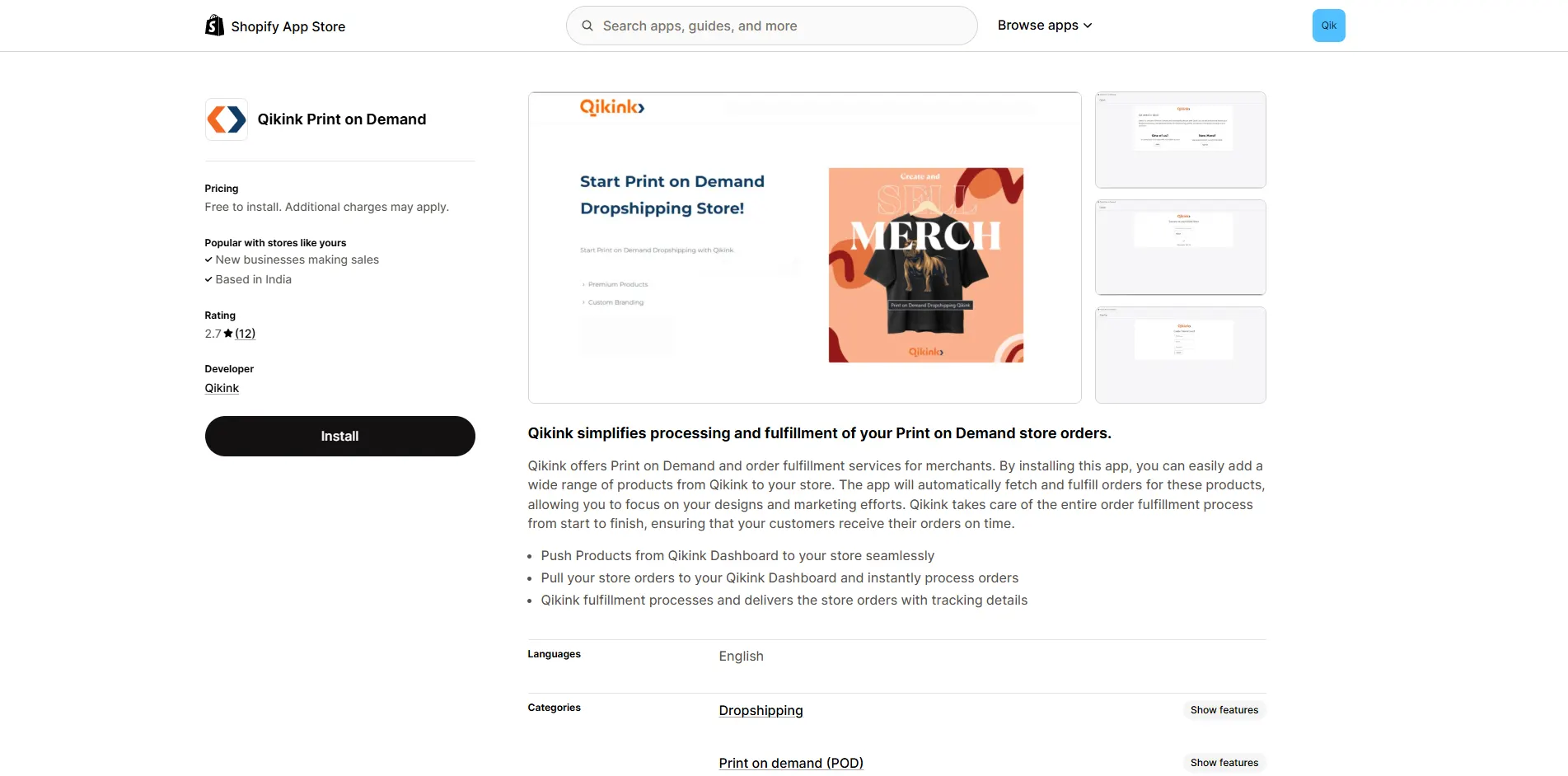 Shopify App Store page for Qikink Print on Demand with Install button