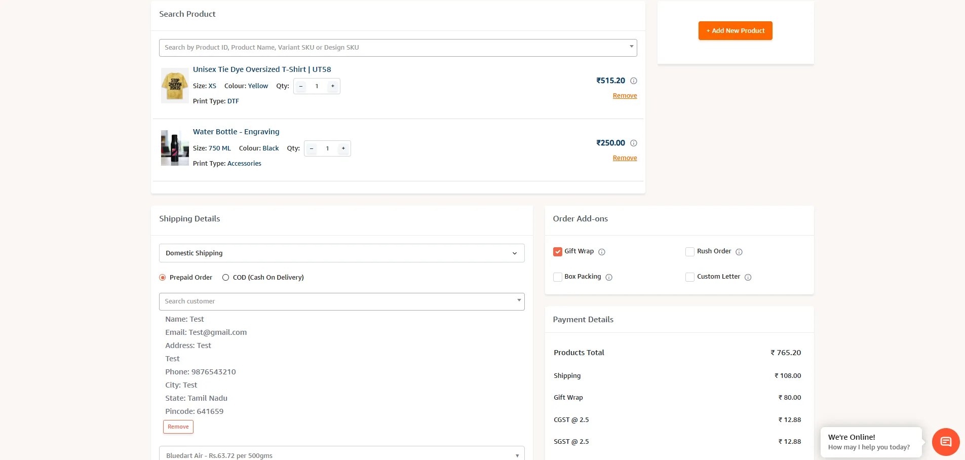 Create order screen showing product selection and add-ons
