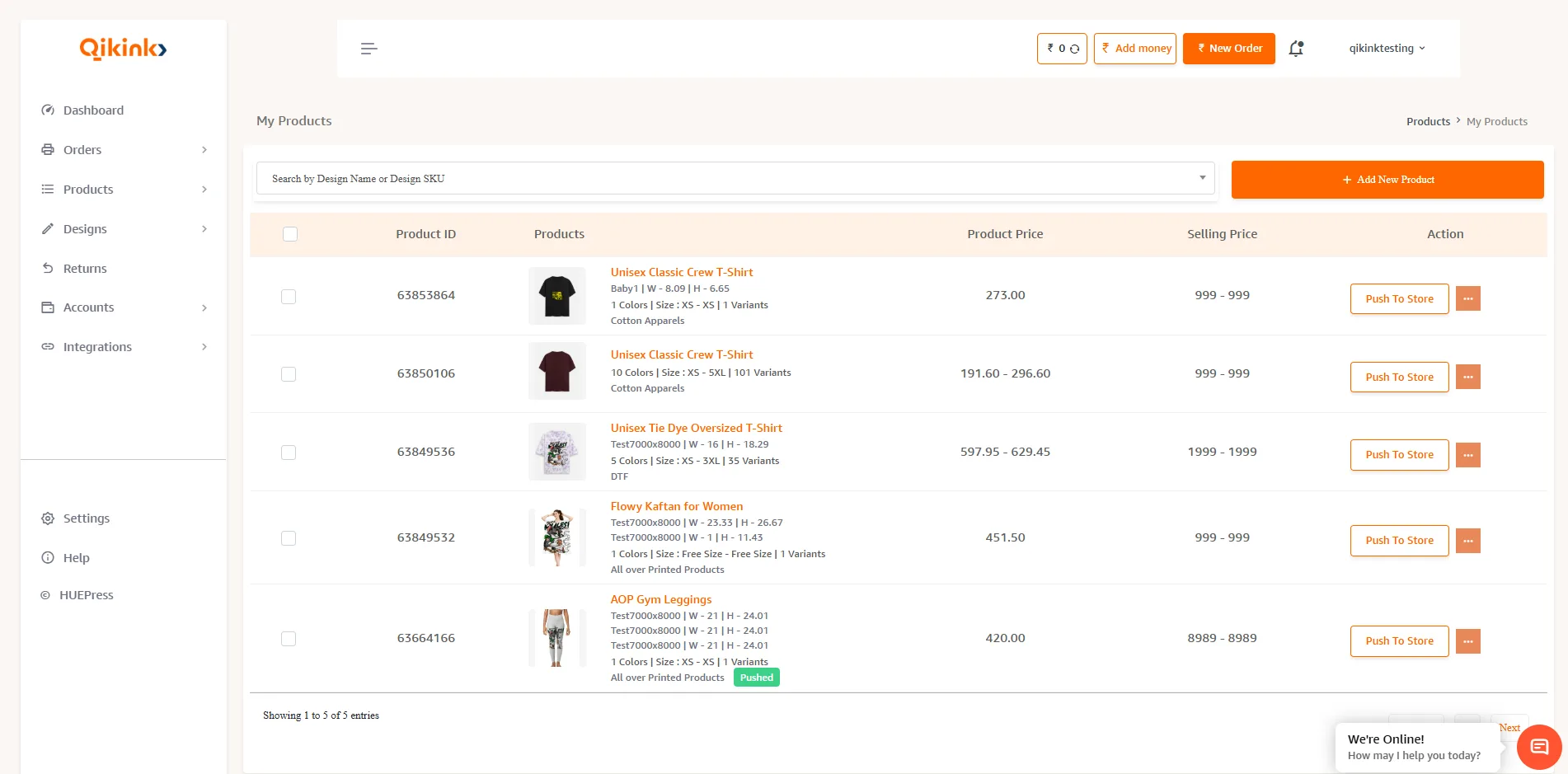 Qikink My Products screen showing product list with Push to Store option