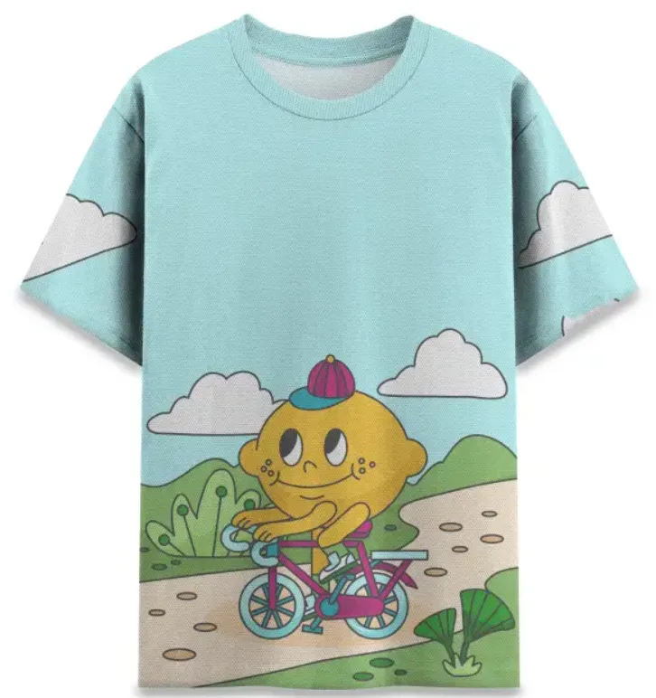 Sample AOP T-shirt with a full-coverage illustrated design of a character riding a bicycle