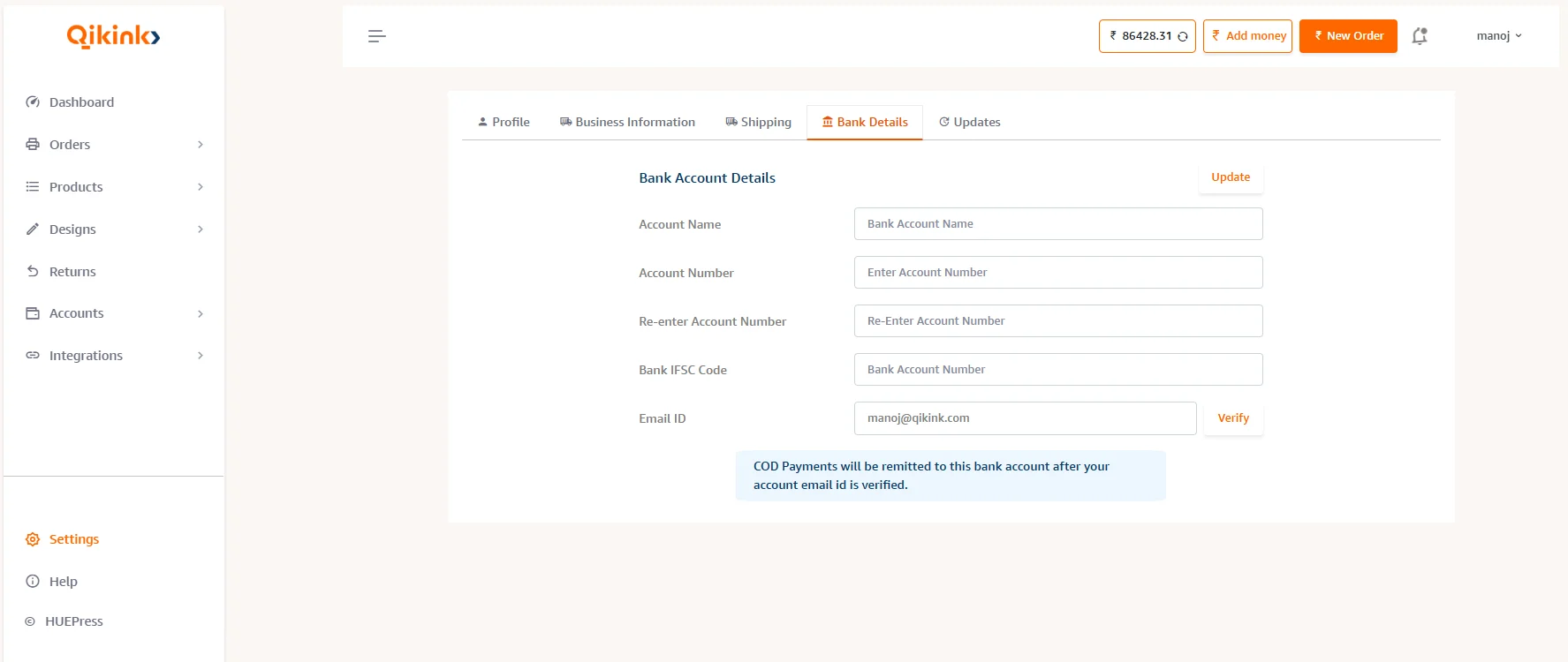 Bank Account Details form under Settings showing account name, number, IFSC and email fields