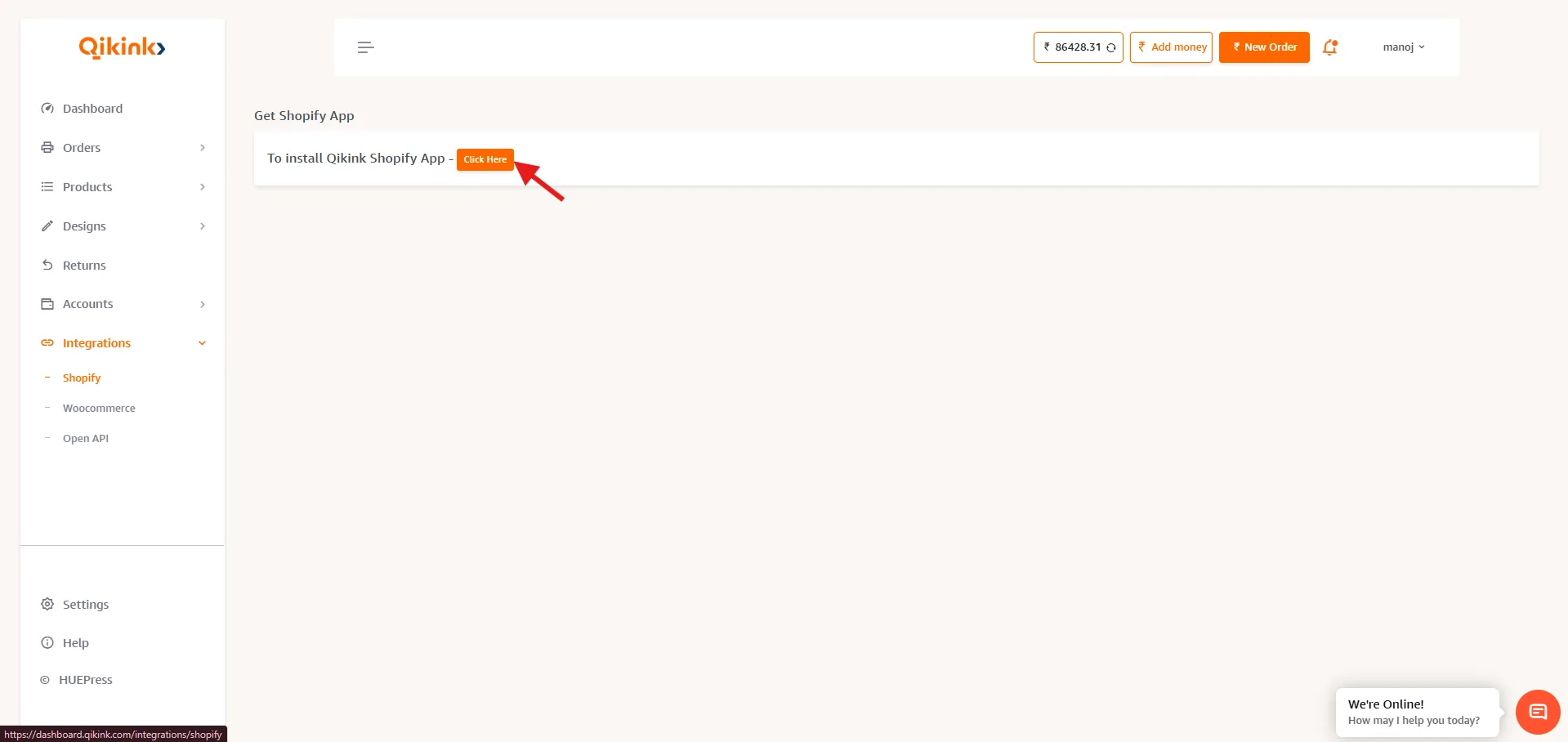Qikink dashboard showing Integrations > Shopify with Click Here button
