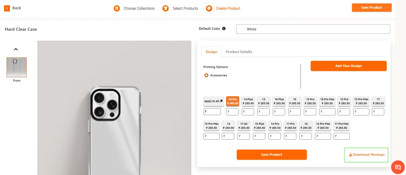 Qikink mockup generator showing a phone case product with Add Your Design button and Download Mockups option