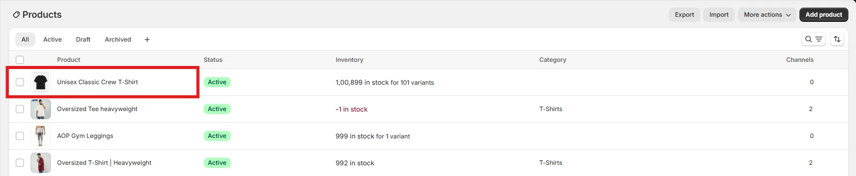 Shopify Products list showing the newly pushed product as Active