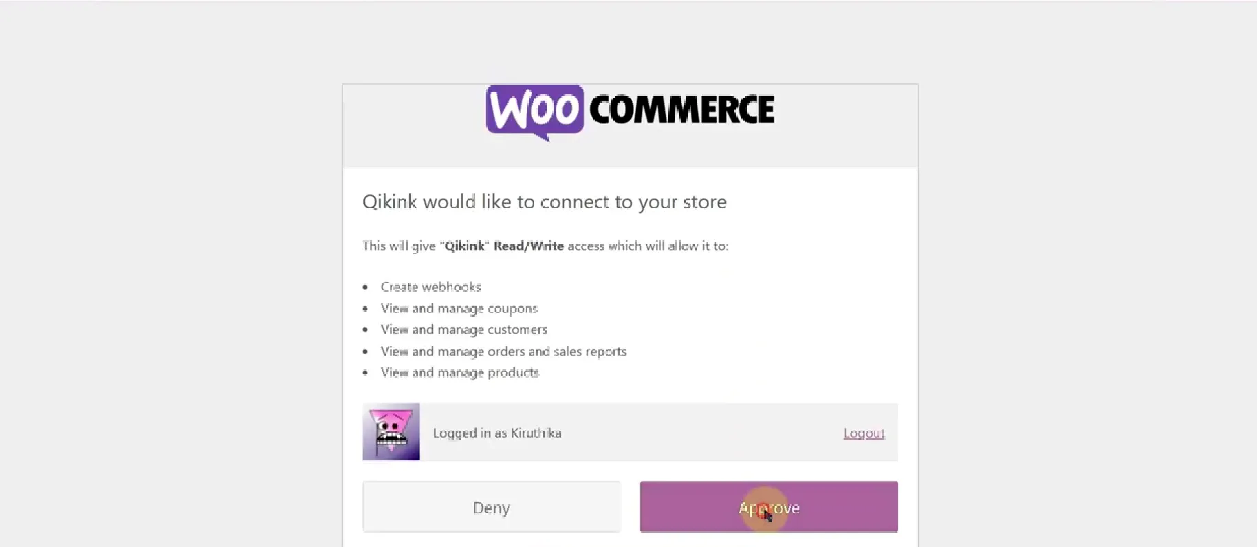 WooCommerce approval screen showing Qikink requesting Read/Write access to your store