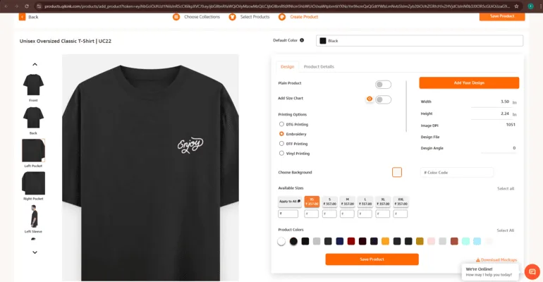 Qikink dashboard showing embroidery product setup with print type selection