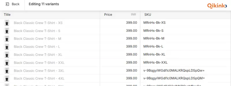 Qikink dashboard showing SKU codes assigned to different t-shirt size variants
