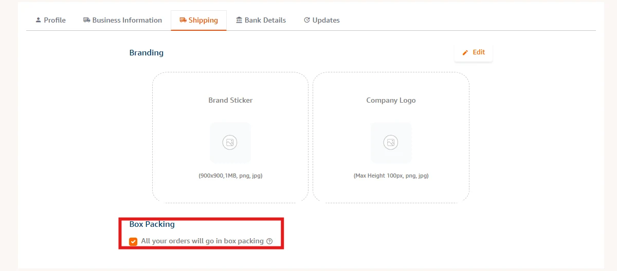 Settings > Shipping tab showing the Box Packing checkbox enabled