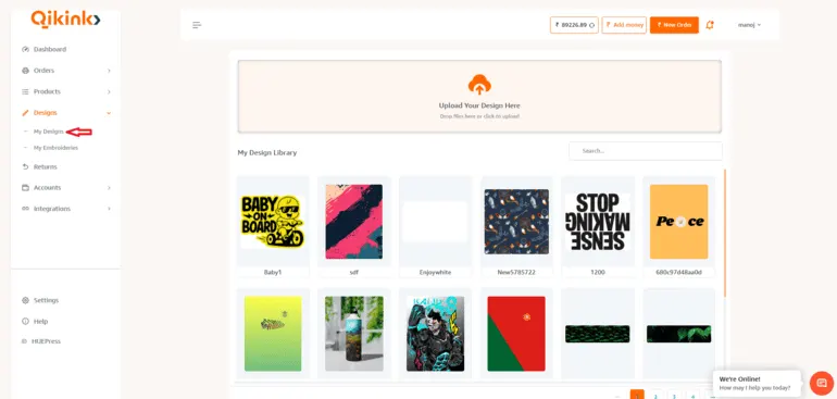 Qikink Design Library dashboard showing upload area and design grid