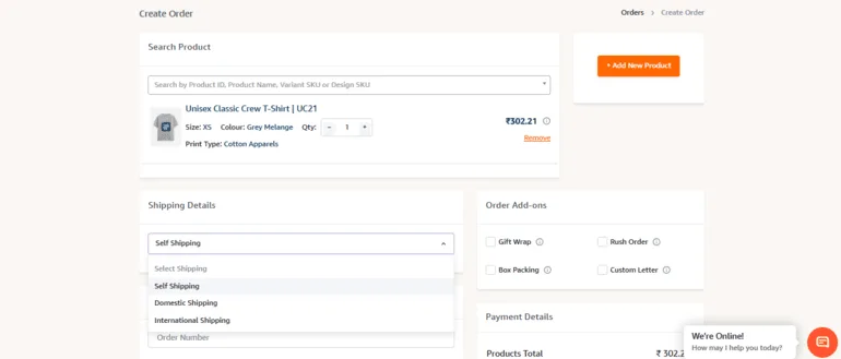 Order creation screen showing Self Shipping option selected in the shipping dropdown