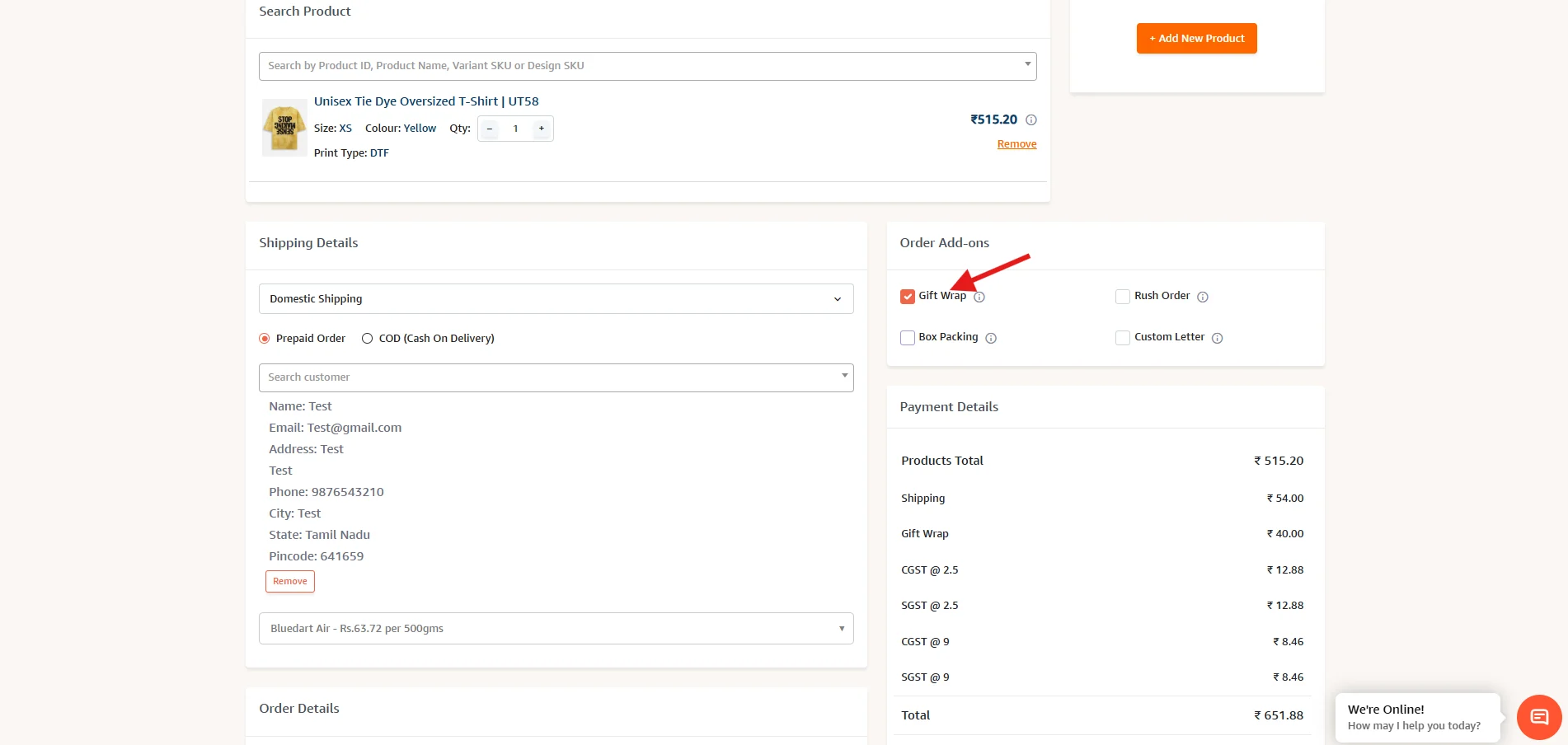 Gift Wrap checkbox in the Order Add-On section