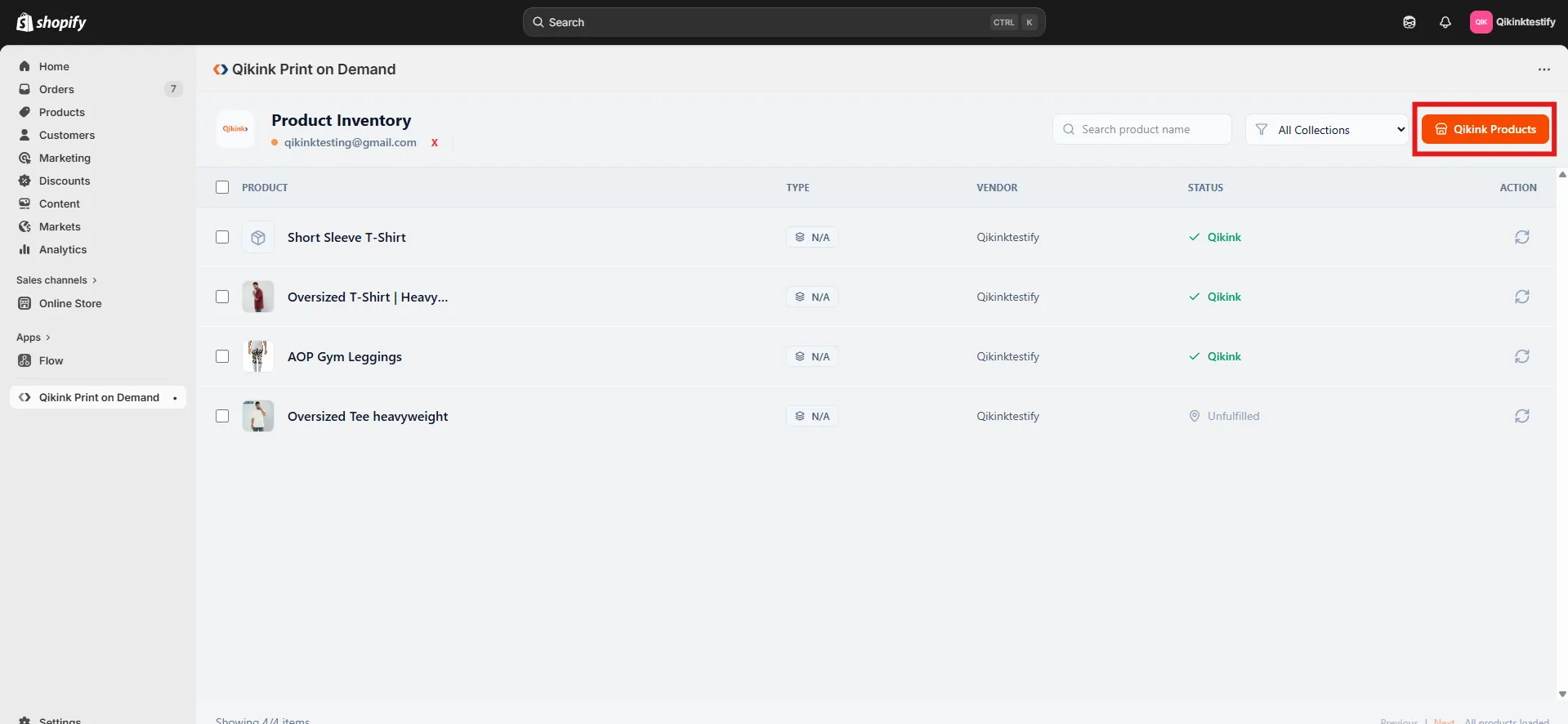 Shopify admin panel showing Qikink Product Inventory with Qikink Products button