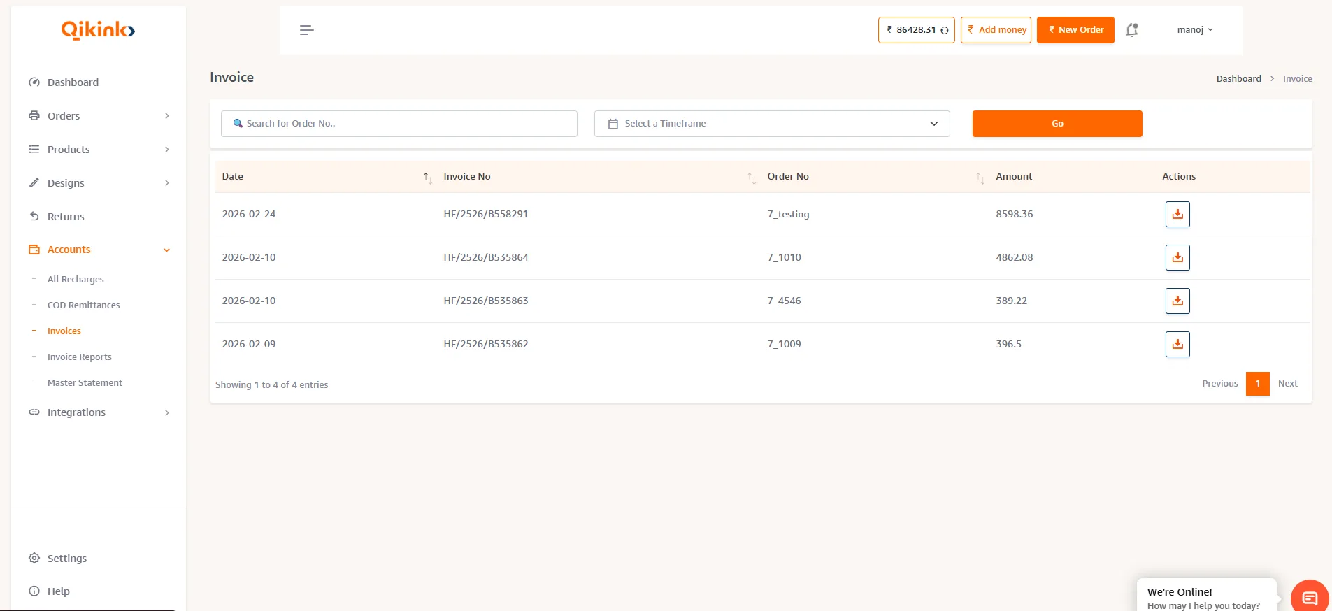 Accounts Invoices page showing invoice list with download actions