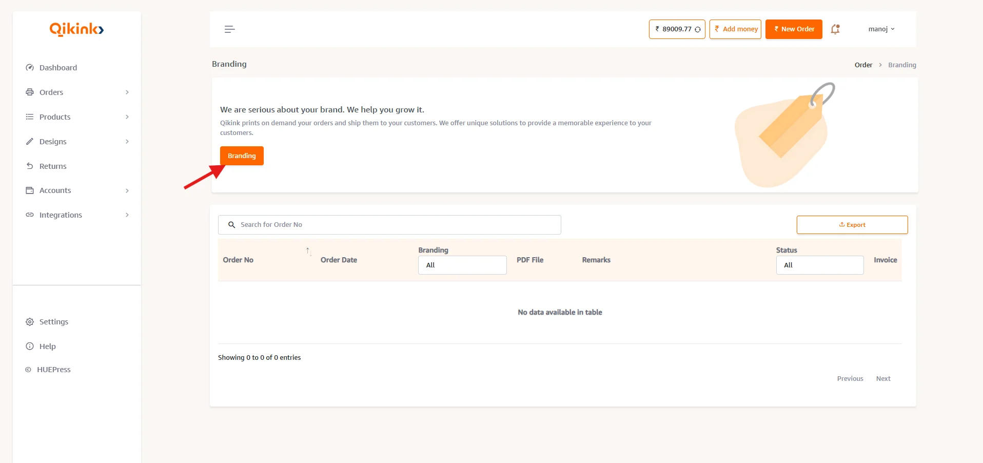 Qikink dashboard showing Orders > Branding section with the Branding button highlighted