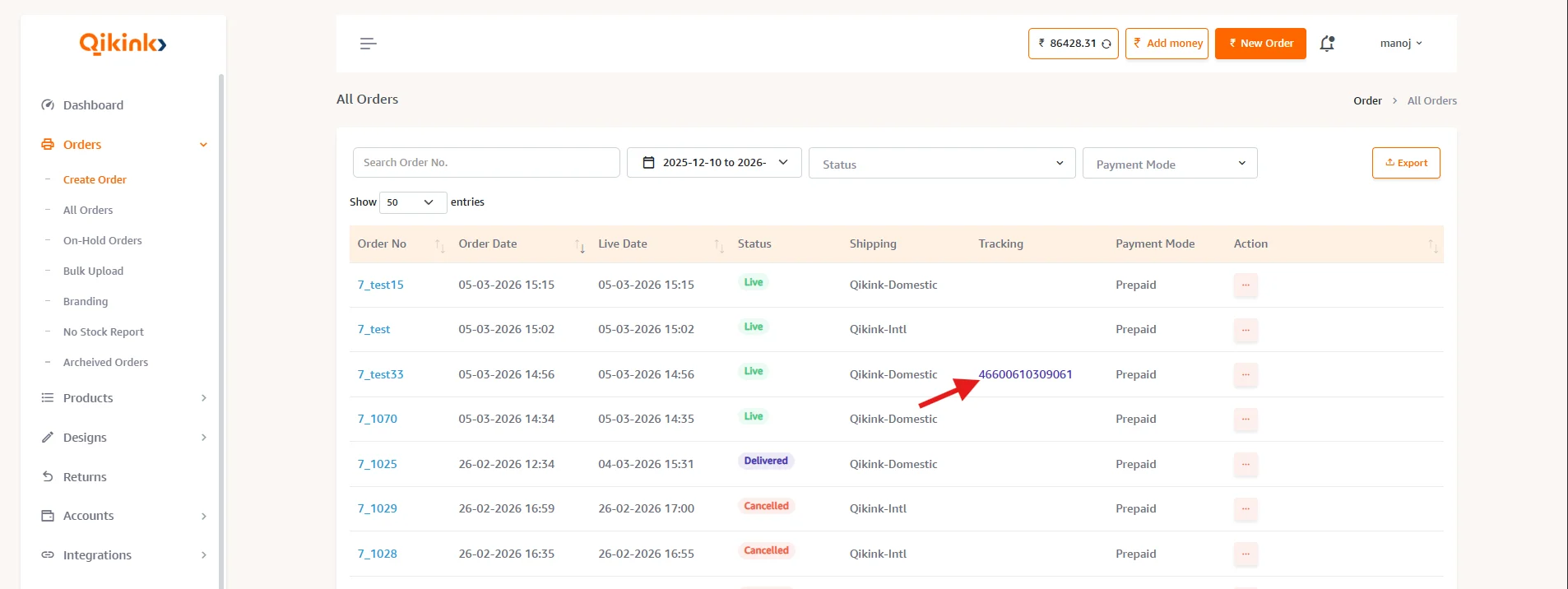 Qikink All Orders dashboard showing tracking IDs and order statuses