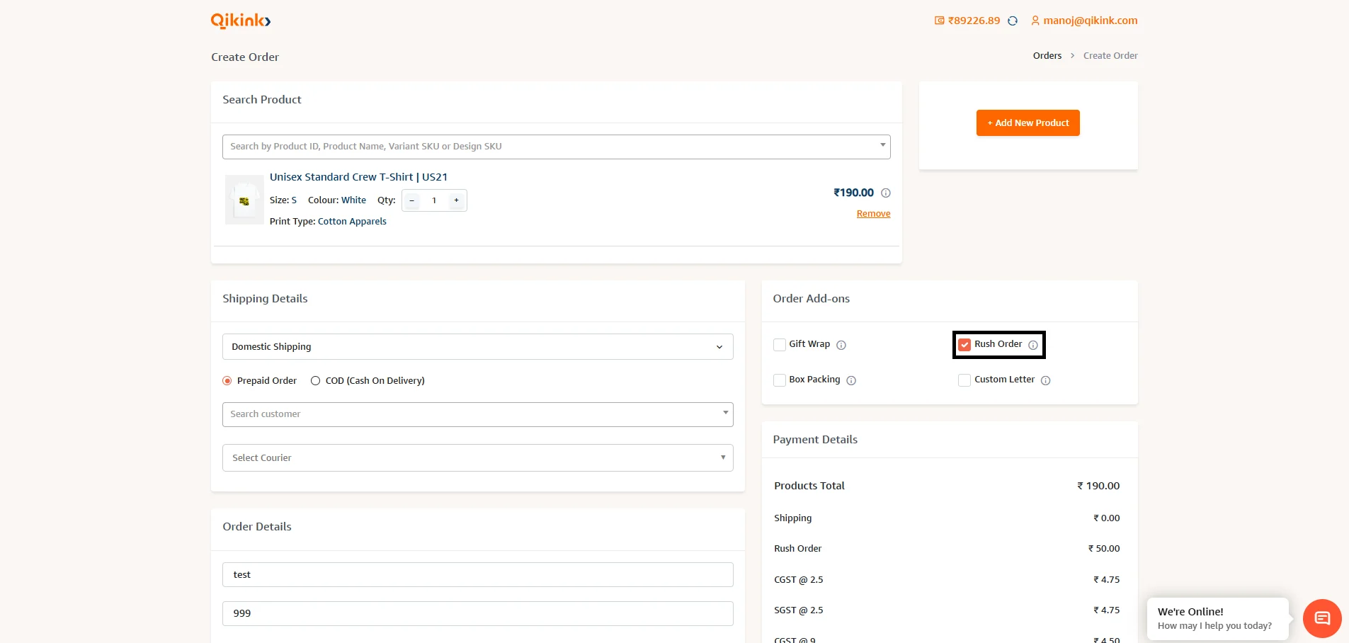 Qikink Create Order screen showing Rush Order checkbox selected in Order Add-ons section