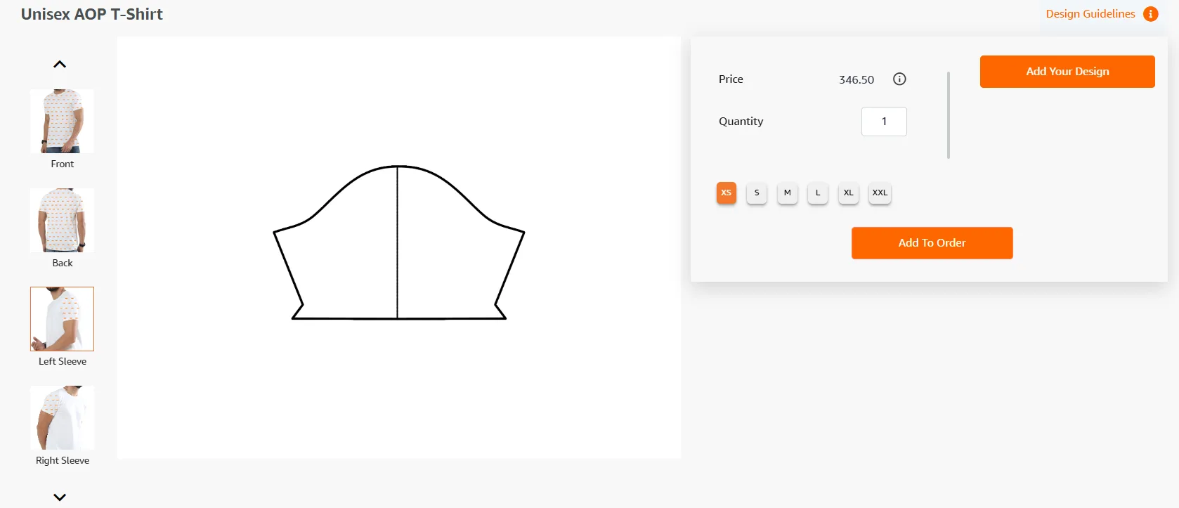 Qikink AOP T-Shirt order page showing separate design upload panels for sleeve