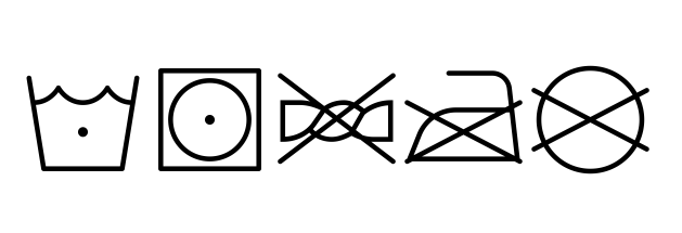 Wash care symbols: cold wash, tumble dry, do not wring, do not iron on print, do not dry clean