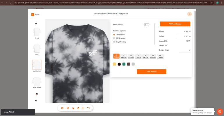Qikink create order dashboard showing embroidery print type selected