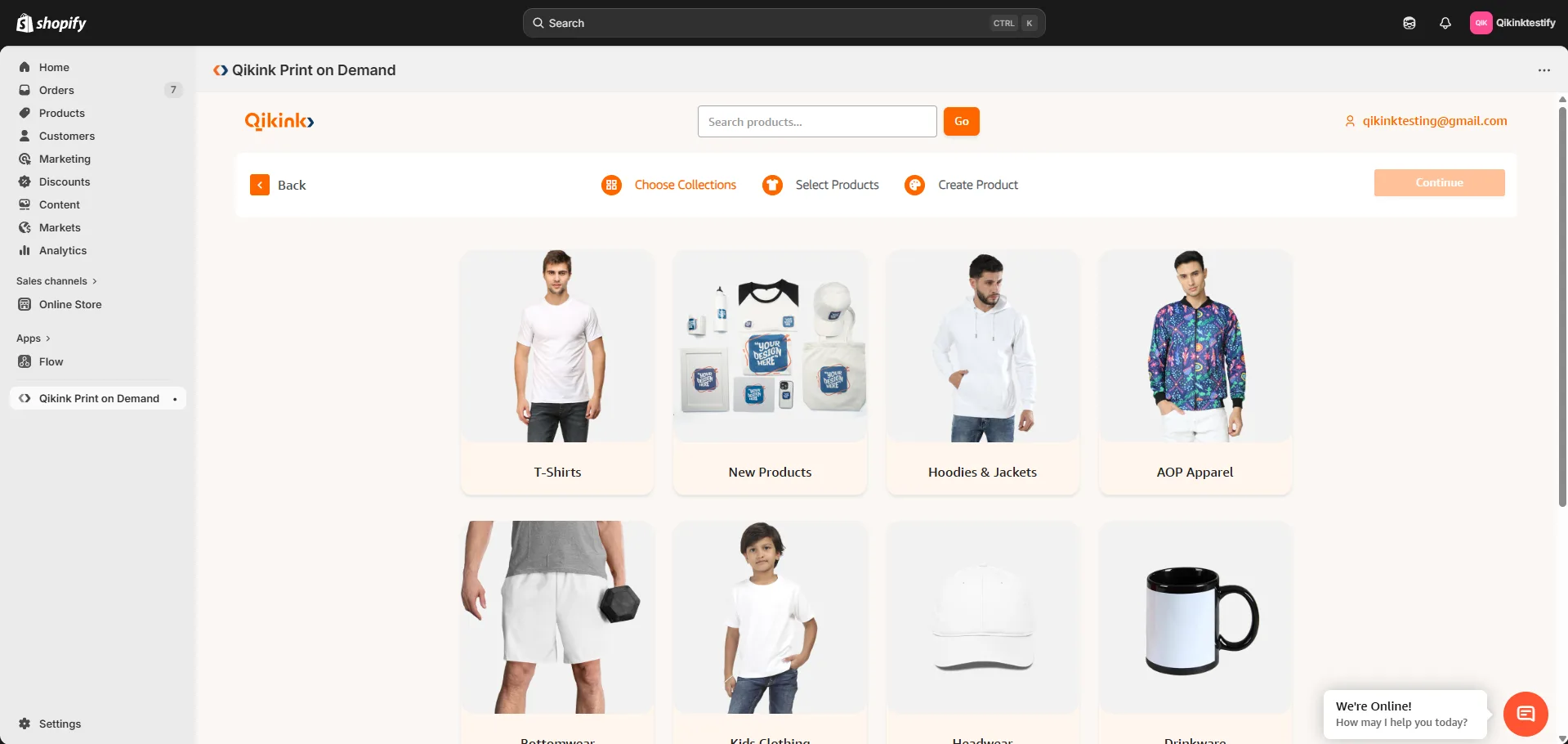 Shopify Qikink app showing product categories including T-Shirts, Hoodies, AOP Apparel and more