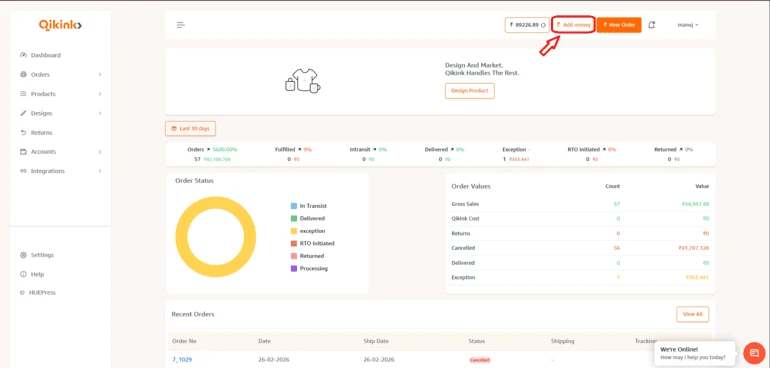 Qikink merchant dashboard with Add Money button highlighted at top right