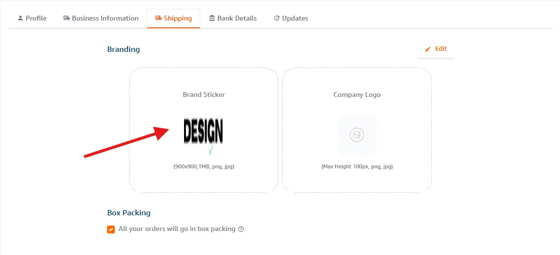 Settings > Shipping tab showing Brand Sticker and Company Logo upload sections