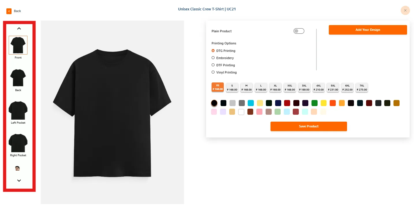 Qikink order creation page showing print placement options — Front, Back, Left Pocket, Right Pocket — for a Unisex Classic Crew T-Shirt
